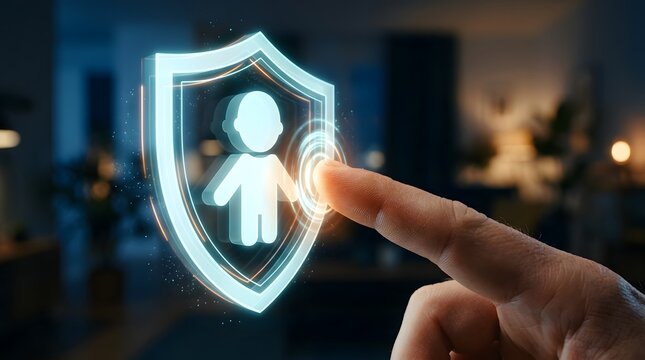 Conceptual digital shield protecting a child icon touched by a human finger, representing internet safety, parental controls, and family cybersecurity in a futuristic home setting.