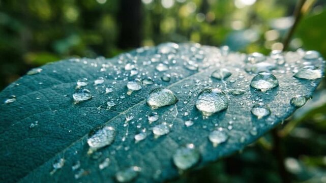 Close-up of numerous clear water droplets beading on a smooth, textured teal leaf in a natural outdoor setting, beautifully reflecting the surrounding light.