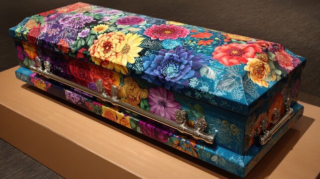 Decorated Coffin With Vibrant Floral Pattern During Daylit Display