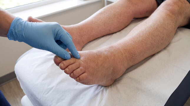 Medical professional testing for Stemmer sign on the swollen foot of a patient with lymphoedema.
