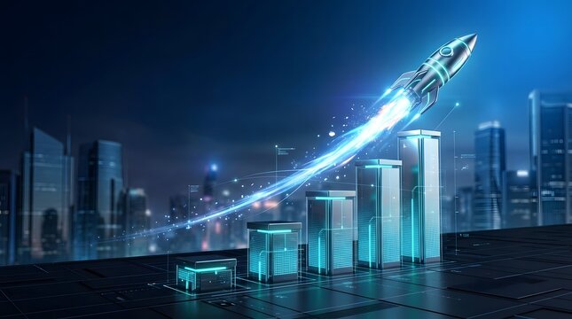 Rocket flying over rising financial charts