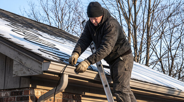Technician installing self-regulating heat cable into a gutter to prevent ice dams on a residential roof.