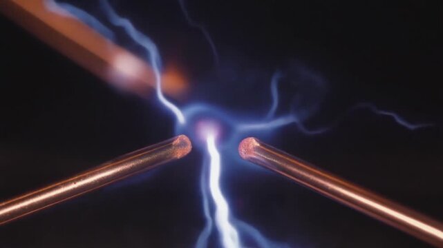 Intense blue electrical arcs dramatically erupt and fracture from copper electrodes towards each other in a fascinating display of high-voltage energy and powerful scientific phenomena