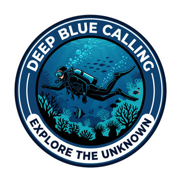 Scuba diver with gear swimming underwater. Round badge frame with white text lettering around blue ocean depths.