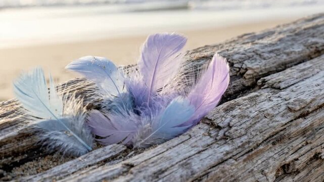 Several delicate bird feathers in light blue and soft purple arranged on weathered driftwood at a tranquil beach during a serene day.