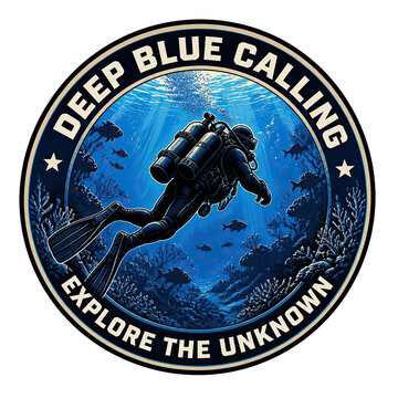 Scuba diver swimming inside a round ocean emblem with coral reefs and fish silhouettes. Circular badge with sun rays filtering through water and bold typography.