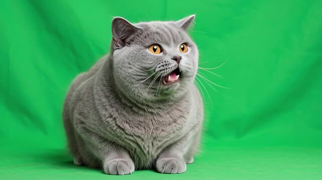 Fluffy gray British Shorthair cat sitting on a green screen background looking around and meowing with curious eyes