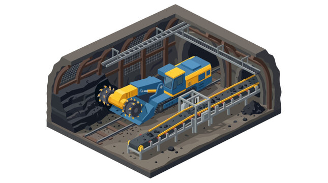 Isometric coal mining machine cutting rock in underground tunnel with conveyor belt, industrial concept