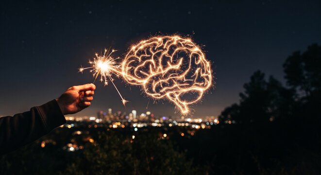 Hand holding a sparkler drawing a glowing brain outline in the air, long exposure at night