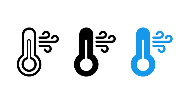 Climate control and temperature icon set featuring thermometers with wind symbols