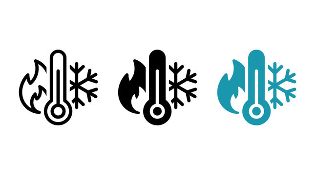 Climate control icon design set with thermometer flame and snowflake vector shapes