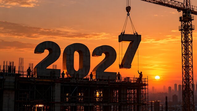 Giant year 2027 numbers being constructed on building site at sunset with crane lifting final digit