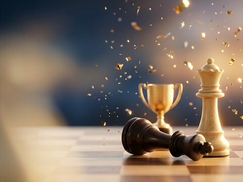 Victory at chess game with falling golden confetti and a trophy