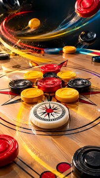 Colorful carrom board with red, yellow and black playing pieces