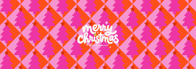 Fototapeta premium Bright astract Christmas seamless pattern with pink fir trees and bold orange geometric background for holiday wrapping paper, card, banner, textiles and festive design
