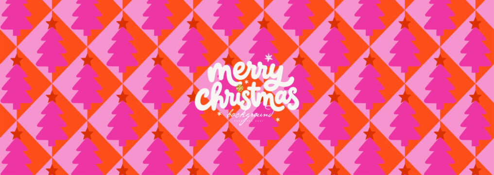 Bright astract Christmas seamless pattern with pink fir trees and bold orange geometric background for holiday wrapping paper, card, banner, textiles and festive design