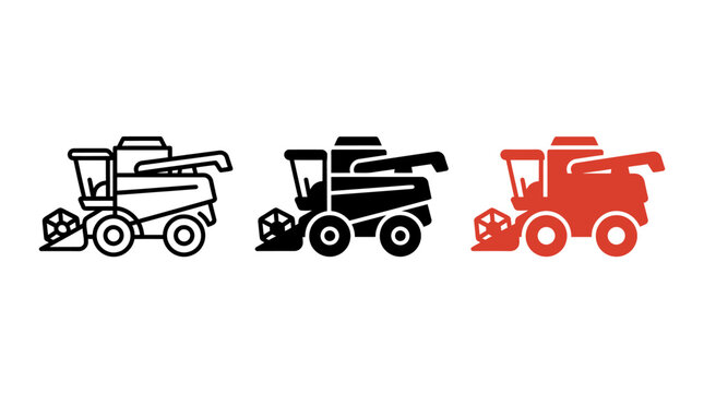 Combine Harvester Icon Design Set Depicting Agricultural Heavy Farming Machinery