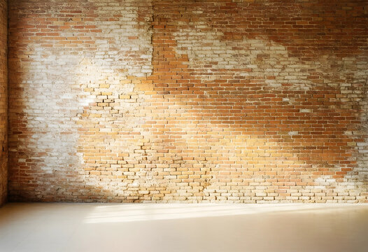 Urban renovation and interior design background, empty room with weathered red brick wall and sunlight casting shadows on a clean wooden floor surface