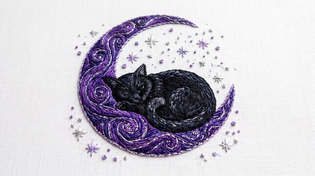 A detailed hand embroidery of a black cat sleeping peacefully on a crescent moon design with embroidery piece with curled asleep decorative