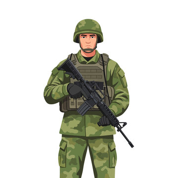 Male Infantry Soldier in Camouflage Uniform Standing at Attention
