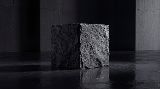 Dark monolithic stone podium in a moody industrial space with reflective floor and atmospheric lighting.