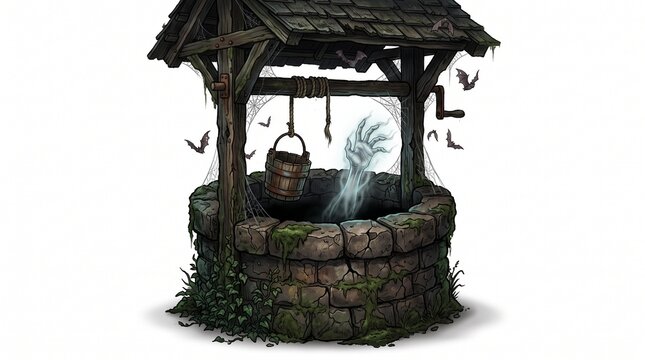 A ghostly hand emerges from a weathered stone water well surrounded by flying bats with around wooden structure depths ancient mossy