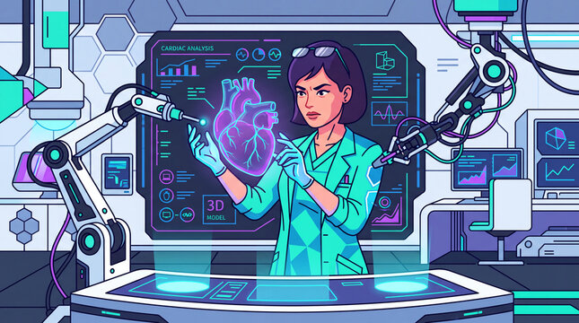 Scientist Analyzing Holographic Human Heart with Robotic Arms