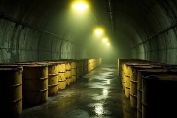 Fototapeta premium Yellow metal barrels with toxic waste stored in dark concrete basement tunnel. Industrial barrels line underground corridor under bright lights. Nuclear energy hazard, radioactive material storage