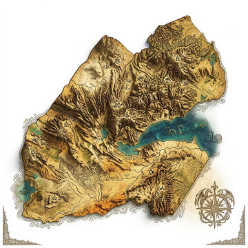 Vintage style fantasy map illustration featuring rugged mountains and a blue lake on a white background