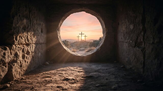 Stone tomb entrance opens to a desert landscape with three crosses at sunset.