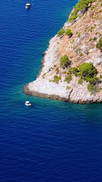 Croatia, aerial view of Adriatic sea, rocky coast, pine trees and boats