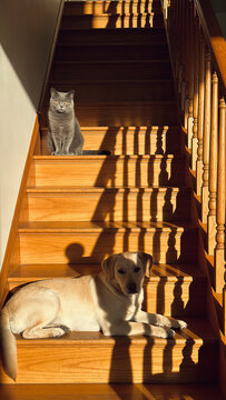 Cat sitting on a stair above a dog lying at the bottom