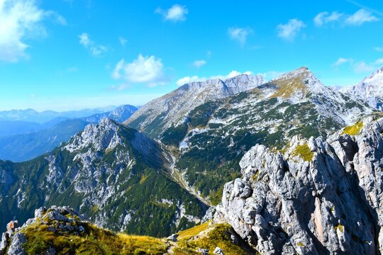 View of Studorski preval, Ablanca, Veliki Dra&scaron;ki vrh and To&scaron;c mountains from Vi&scaron;evnik in Julian alps, Gorenjska, Slovenia