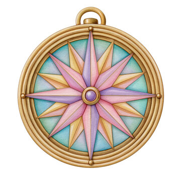 Watercolor compass brass navigation compass, isolated on transparent background