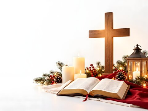 Christian Bible and Cross with Christmas Decorations