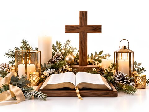 Open Bible and Wooden Cross with Christmas Decor
