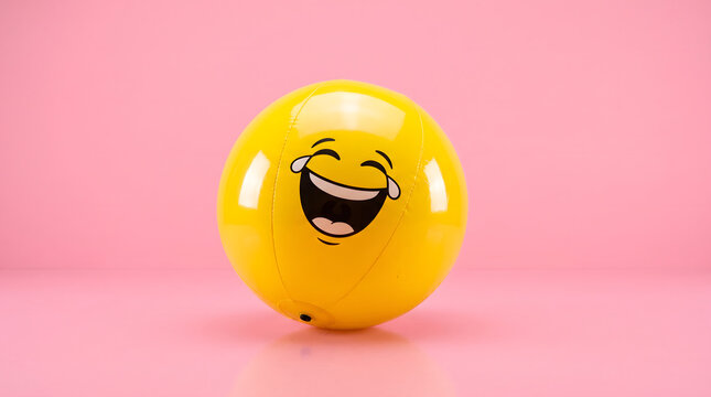 A glossy, inflatable yellow ball with a laughing ROFL face set against a pastel pink background. AI generated.
