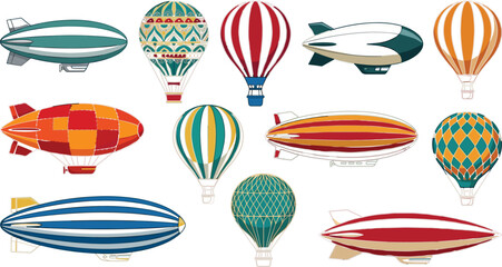 Vintage hot air balloons and zeppelin blimps vector set featuring colorful retro aircraft elements isolated on white background © farhana