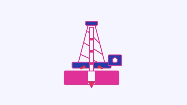 Seamless 4K looping animation of a flat drilling rig icon boring deep, centred on a clean light background with plenty of copy space. Bold outlined vector shapes in purple and violet and smooth repeat