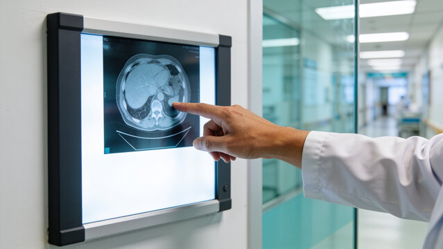Clinician's hand pointing at a wall-mounted diagnostic screen