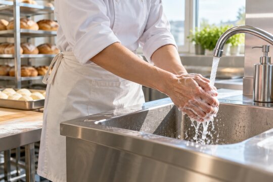 Professional baker washing hands with soap and running water in commercial stainless steel kitchen sink, hygiene and food safety concept