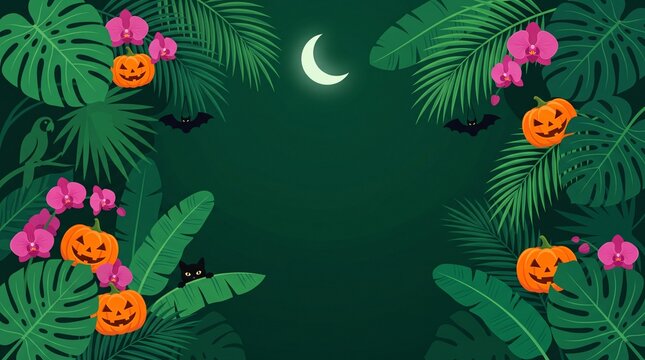 tropical halloween background with glowing jack o lantern pumpkins, pink orchids, lush monstera leaves, flying bats and crescent moon on dark green jungle backdrop with spacious central copy space