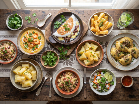 Flat lay of traditional Brazilian dishes featuring cassava, tapioca, shrimp bobo, and farofa on a rustic table
