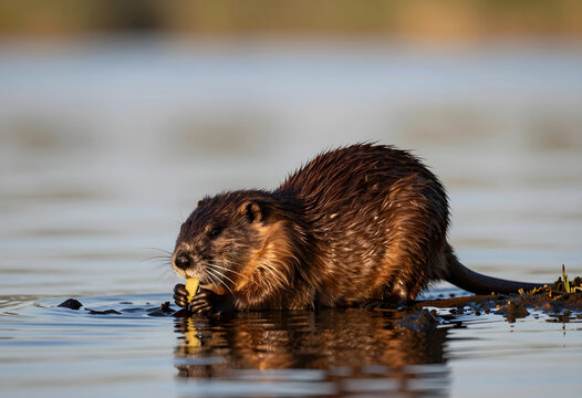 Wildlife conservation and biodiversity, muskrat eating food in natural wetland habitat with soft golden hour light reflecting on calm water surface