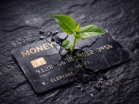 Tarjeta de cr&eacute;dito rota con brote verde. Concepto de crecimiento financiero, superaci&oacute;n de deudas, econom&iacute;a verde y sostenibilidad
