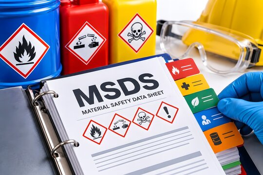 A safety data sheet binder with hazard symbols and personal protective equipment, signifying safety and compliance in an industrial setting.