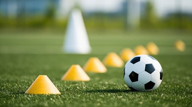 Soccer ball on empty training field with minimal blurred background