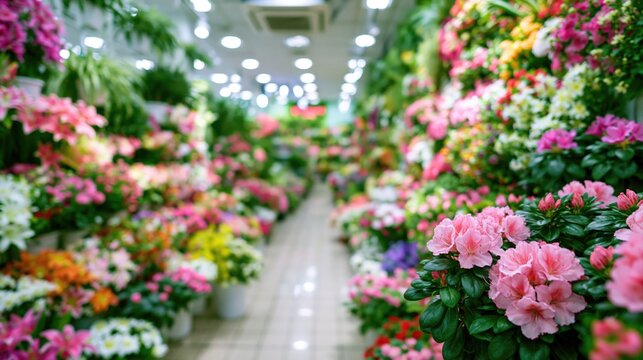 Blurry flower shop interior filled with colorful blooms and green foliage