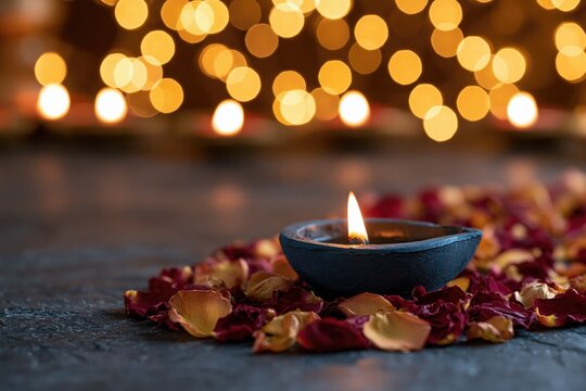 Diya lamp surrounded by rose petals on dark slate surface