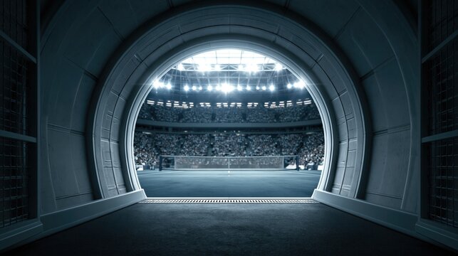 Dynamic tennis venue player tunnel with blank empty banner
